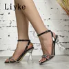 Sexy Green Ankle Strap Sandals For Women 2023 Fashion Crystal Rhinestone Summer Transparent Strange Heel Party Dress Shoes 0129