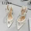 2023 NYA SEXY MESH PUMPS SANDALS KVINNA POSED TOE VIT STRING BEAD ANKLE REP HIGH HEALLS STILETTO KLÄSSKOR KVINNOR 0129