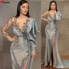 Gaine argentée manches longues robes de soirée porter illusion cristal perles haut côté fendu longueur de plancher robe de soirée robes de bal robes BC10758