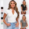 Women's Polos Knitted Thread Deep V Neck POLO Collar Women's Short-sleeved Y2K T-shirt Short Solid Color Sexy Tee Top Clothing 2023