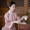 Ethnic Clothing Pink Cotton Long Chinese Dress Female Sweet Lace Floral Mandarin Collar Qipao Vintage Button Cheongsam Loose Sleeve Vestidos