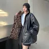 Giacca in pelle Chaqueta da donna Donna Leopardo Addensare Caldo Cappotto bifacciale Fodera in pelliccia di agnello finta Sciolto Harajuku Femme Capispalla invernale