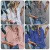 女性用ブラウスシャツセクシーなシャツボタンダウンブラウスソリッドカラーフローラル刺繍トップホローパターンミッドレングススリーブウォマ