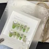 False Nails Green Press On Rhinestone Handmased Coffin Full Cover with Designs Manicure Professional Set for Girls