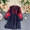 Bohemian Chic Blume Stickerei Lace Up Kleid Oansatz Elegante Femme Vestidos 2023 Mode Neue Getäfelten Kleider Frauen 2023