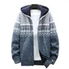 Men's Jackets Men Hooded Coat Vintage Print Drawstring Knitted Autumn Winter Thicken Plush Cardigan Sweater For Office