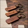 Nyckelringar Lanyards Personlig l￤der Keychain Pendant Beech Wood Carving Lage Decoration Key Ring DIY Thanksgiving Fathers Day DHRGP