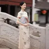 Roupas étnicas fzslcyiyi elegante colarinho de tangerina curta manga curta cetim A-line qipao botão artesanal Aodai casamento chinês cheongsam