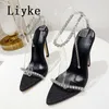 2023 New Sexy Pointed Toe Women's Sandals Fashion Cystal Rhinestone Chain Strap Summer High Heels Party Prom Shoes Silver 0129