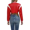 Women's Jackets Women Autumn Short Baseball Jacket Long Sleeve Button Contrasting Color PU Motorcycle Trendy Super Small Coat