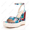 Heelslover Women Summer Sandals Printted Sexy Wedges Heels Square Toe Pretty Blue Redd Dress Shoes Ladies US Size 5-9