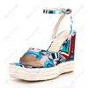 Hiellover dames zomer sandalen geprintte sexy wiggen hakken vierkante teen mooie blauwe rood rood jurk schoenen dames maat 5-9