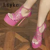 Storlek 35-42 Sexig nattklubb Stripper Pole Dance Super High Heels Wedding Banket Shoes Summer Sandals Women Platform Pumpar 0129