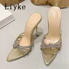 2023 neue Gold Silber Dünne High Heels Frauen Hausschuhe Sexy Spitz Kristall Strass Sommer Sandalen Partei Schuhe Maultiere 0129