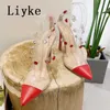 Sexig röd spetsiga tun tunna höga klackar skor för kvinnor mode kristall nit pvc ankel rem stiletto sandaler damer pumpar 0129