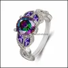 Band Rings Creative Fashion Colorf Stone Round Zircon Ring Sierplated Exquisite Purple Diamond Marquise Jewelry Party Birthday Drop D Dhfb4