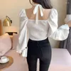 Blouses femininas Blusa de manga de flagem de cordão feminino Mulher coreana de moda coreana colar de colarinho de cabeceira