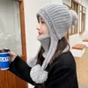 Berets Winter Long Cute Double Fur Ball Knitted Wool Scarf Cap Extra Thick Insulation Ear Protection Cold-proof Thicken Sherpa Peru Hat