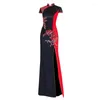 Ethnic Clothing Black-Red Patchwork Satin Chinese Dress Big Size 3XL Women Qipao Sexy Applique Flower Cheongsams Vintage Formal Party