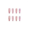 False Nails 24Pcs Long Pink And Purple Flower Bursting Shards Striped French Fake Wearable Full Cover Press On Coffin Nail