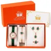 Relojes de pulsera para mujer, reloj verde, conjunto de joyería con caja de cuero de cuarzo para mujer, collar de esmeralda, anillo, regalos de cumpleaños para esposa e hijas