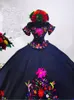 Vintage Flores Mexicanas Bordadas Quinceanera Vestidos Charro 2023 Cetim Vestidos de Baile Fora do Ombro Festa Doce 16 Vestido de Baile Dark Navy