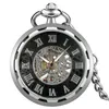 Zegarek steampunk czarny/srebrny/brązowy otwarta twarz mężczyźni ręcznie nakręcany mechaniczne zegarki kieszonkowe wyświetlacz z cyframi rzymskimi łańcuszek z wisiorem