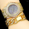 Brincos de decote Conjunto de homens Hip Hop Gold Silver Luxurno Bling Full Cz Crystal Relógio Cuba Sandblast Bracelet