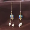 Dingle örhängen naturligt sötvatten vit pärla cloisonne för kvinnor engagemang hög kvalitet lång hängande krok örhänge smycken