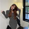 Casual Dresses Sexy Mini Zip Striped Hooded Bodycon Hip Slim Black White Contrast Sweater 2023 Vestido 230130