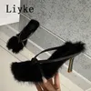 Mode Pluizige Fuzzy Slippers Vrouwen Hoge Hakken Schoenen Herfst Beste Street Look Vrouwtjes Vierkante Open Teen Clip-On Strappy Sandalen 0129