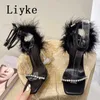 Runway Style Crystal Transparent Strange High Heels Sexig p￤ls fuzzy ankelband Kvinnor Sandaler Summer Party Dress Shoes Pump 0129