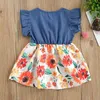 Meisje jurken peuter baby zomerjurk elegante ruches mouw knop vooraan denim tops bloemen tutu rok