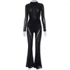 Calças de duas peças femininas sexy preto pura malha tracksuit mulheres o pescoço de luva comprida Bodysuit Top Flare Veja através de roupas de festas de clube Conjunto