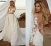 Boho 3d Çiçek aplike edilmiş dantel denizkızı gelinlik, çıkarılabilir etek ile şeffaf boyun seksi sırtsız plaj ülke gelinlikleri kadınlar için artı boyutu vestidos cl1741