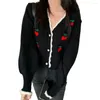 Women's Knits Long Sleeve V-Neck Women Sweater Cardigan Single-Breasted Cherry Print Sweet Cropped Coat Ladies Clothes Black One Size