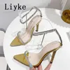 2023 New Sexy Pointed Toe Women's Sandals Fashion Cystal Rhinestone Chain Strap Summer High Heels Party Prom Shoes Silver 0129