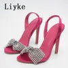 New Fashion Crystal Bowknot Designer Sandals For Women Summer Peep Toe Slip-On Back Strap Slingback High Heels Shoes Black 0129