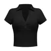 Women's Polos Knitted Thread Deep V Neck POLO Collar Women's Short-sleeved Y2K T-shirt Short Solid Color Sexy Tee Top Clothing 2023