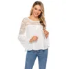 Women's Blouses Lace Patchwork Shirt Women Casual Bell Sleeve Tops Blouse Solid Color Large Size Ladies Loose Shirts Female Blusas /PT