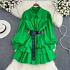 Drehen Unten Kragen Casual Kleider Einfarbig Laterne Hülse Robe Femme 2023 Vestidos De Mujer Elegante Gefaltete Gürtel Schlanke Taille kleid