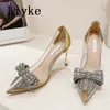 Новый дизайн Crystal Sequined Bowknot Transparent Women Pumps Sexy Pointed High High Heels Свадебные туфли Syletto Sandal 0129