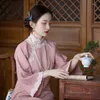 Ethnic Clothing Pink Cotton Long Chinese Dress Female Sweet Lace Floral Mandarin Collar Qipao Vintage Button Cheongsam Loose Sleeve Vestidos