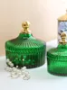Storage Bottles Nordic Retro Relief Dark Green Glass Jar With Cover Food Tank Home Kitchen Desktop Organization Supplies