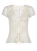 Kvinnors tshirt heyoungirl mesh transparent kort ärm tshirt damer sommar se genom v hals ruffles tee kvinnor dragstring t 230206