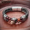 Charm Bracelets REAMOR Retro Red Natural Stone Onyx Bracelet Double Layers Genuine Leather Link Stainless Steel Wristband Men's Jewelry