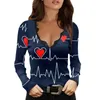 Women's Blouses Women Casual Top Shirt Valentines Day Print Contrast Printing V Neck Long Sleeved Loved Warm