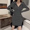 Casual Dresses Sexy Mini Zip Striped Hooded Bodycon Hip Slim Black White Contrast Sweater 2023 Vestido 230130