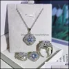 O7F2 Zestawy biżuterii ślubnej musujący na żywo Luksusowy zestaw 925 Sterling Sier Round Cut Moissanite CZ Diamond Streps Pierścień Naszyjnik