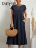 Casual Dresse Elegante Solid Maxi Estate Manica corta O Collo Vintage Harajuku Cotone Lino Allentato Vestito estivo Y2K Tasche lunghe 230130